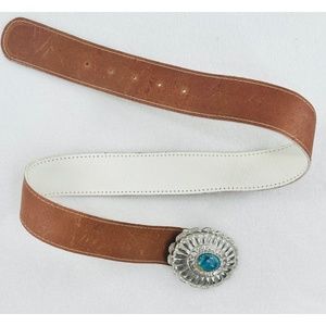 Brown Leather Belt w/ Silver Belt Buckle with Faux Gem.